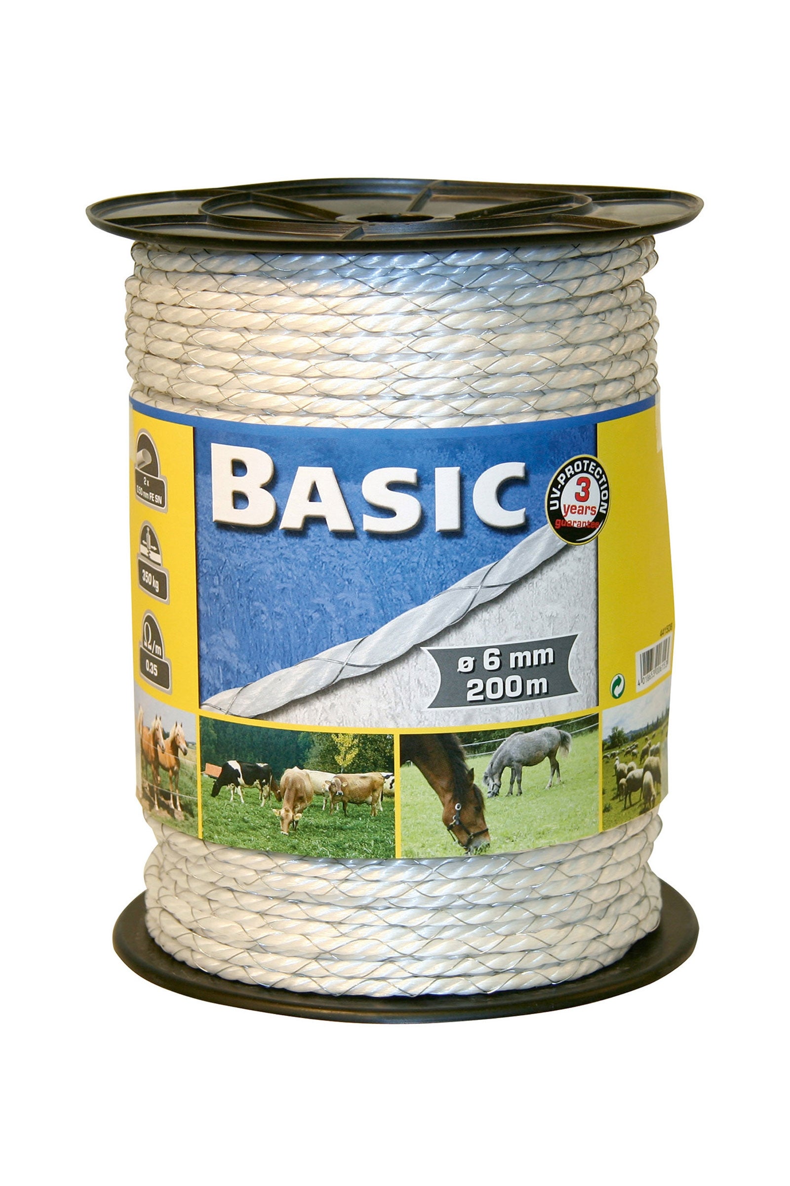 Farm Patrol Basic Classe,E-Seil, weiß, 6mm 200m, 2x 0,50 Fe verzinkt Weidezaun